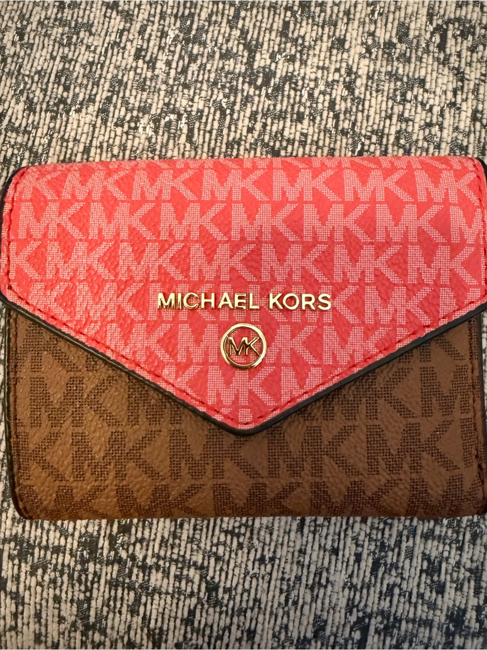 Michael Kors Pink and Brown MK Signature Envelope Wallet